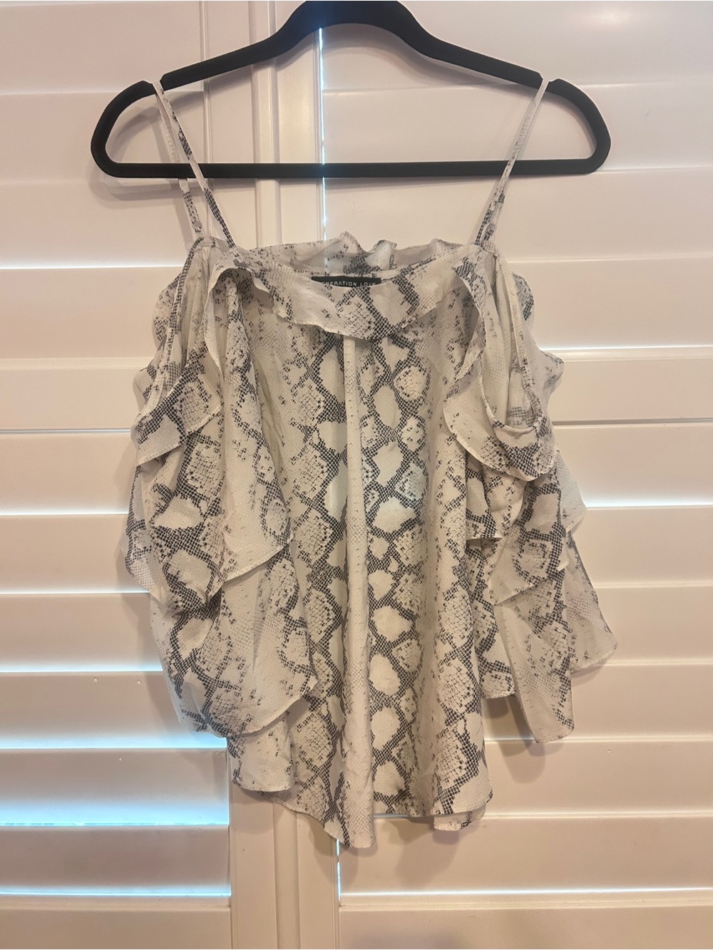 Generation Love Snakeskin Print Off the Shoulder Ruffled Top Cream Black Large
